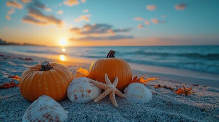 Autumn Beach Sunset: Pumpkins, Seashells, and Starfish at Golden Hour