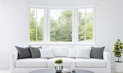 Fototapeta premium A bright and airy living room with a white sofa, a bay window, and a view of lush trees.