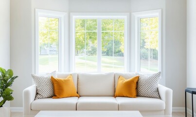 Fototapeta premium A modern living room with a white sofa and a large window brings the outside in.