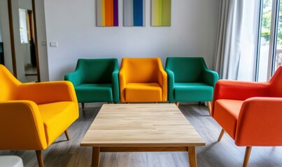 Inviting modern lounge area featuring vibrant armchairs arranged around a wooden coffee table.