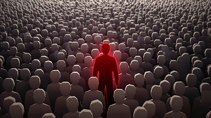 Obraz premium A lone figure glows red, standing out amidst a sea of gray, symbolizing individuality and resilience in a vast crowd, illuminated with dramatic lighting.