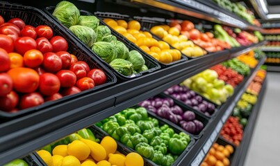 Obraz premium Shelves bursting with ripe tomatoes, fresh cabbage, citrus fruits, and colorful vegetables at the local market.