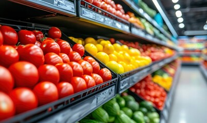 Rows of ripe tomatoes and colorful lemons arranged neatly on shelves at a grocery store.