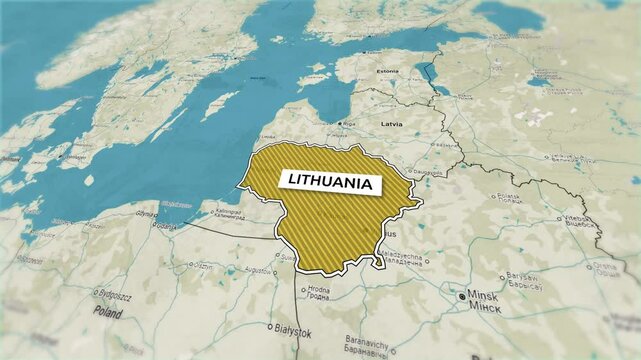 Borders of the state of Lithuania on the map. Country Lithuania on the map is highlighted by a polygonal border. From above zooming in with panoramic view