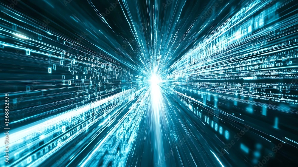 Poster digital data stream explosion. rapid binary code, technology in motion, high-speed digital informati