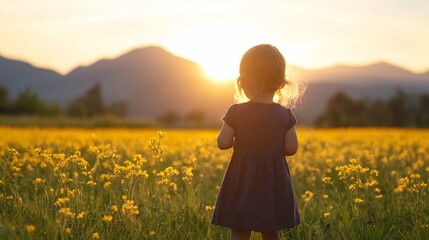 Fototapeta premium Young child facing sunset in flower field with mountains in the distance