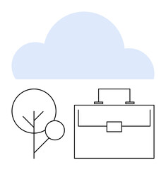 Cloud hovering above briefcase and tree. Ideal for technology, remote work, sustainability, digital storage, productivity, eco-friendly business, abstract line flat metaphor