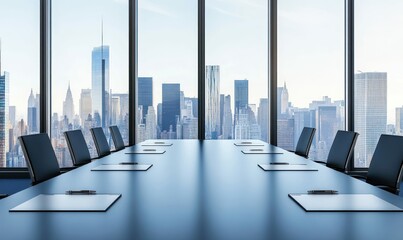 A modern conference room is ready for a business meeting with a panoramic view of New York City.