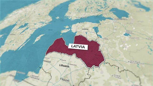 Borders of the state of Latvia on the map. Country Latvia on the map is highlighted by a polygonal border. From above zooming in with panoramic view