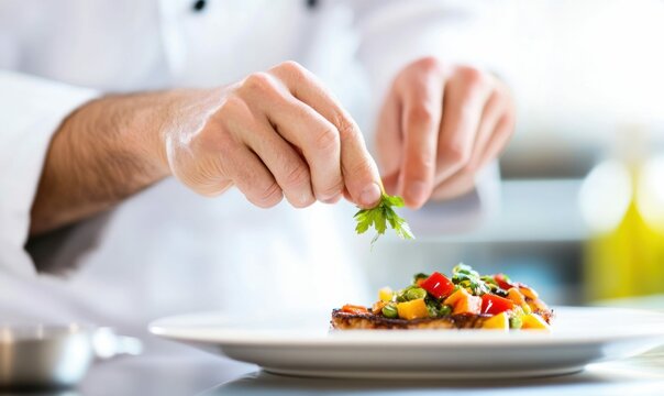 A professional chef is adding fresh parsley as a final touch to a beautifully plated dish.
