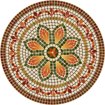 Circular mosaic ornament with floral pattern in yellow, orange, brown, and green tones. Ideal for interior decor, tile designs, craft projects, digital backgrounds, and art prints.