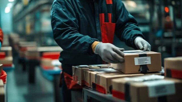 A man in a black jacket is working in a warehouse, handling cardboard boxes. Smooth repetitive motion for background video animation.