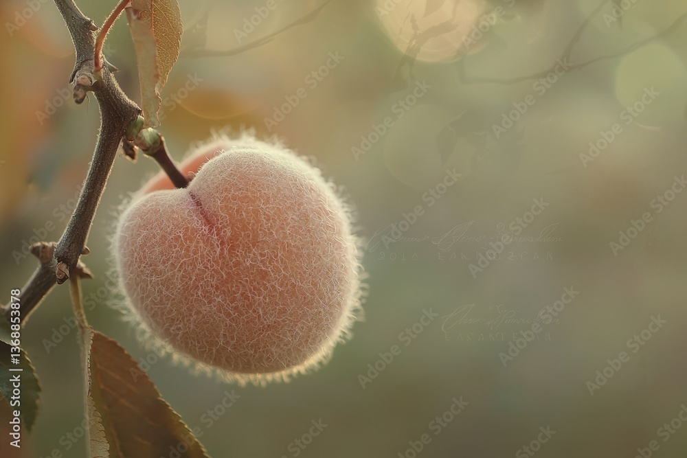 Poster close-up of a fuzzy peach hanging from a branch with soft, dreamy bokeh in the background.