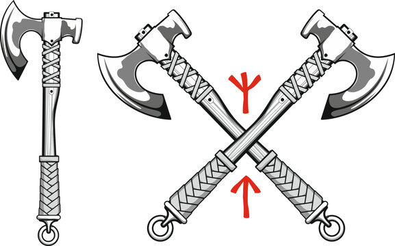 crossed Viking battle axes with Scandinavian runes Algiz - protection and Tiwaz - warrior