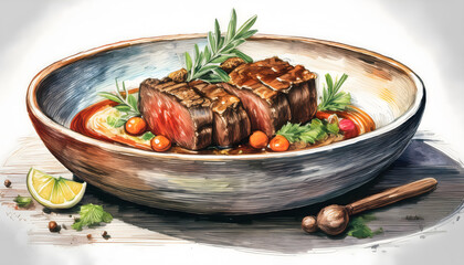 A seared steak dish is presented in a gray bowl on a wooden board, garnished with vegetables and herbs