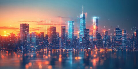 Fototapeta premium City skyline illuminated at dusk with vibrant lights reflecting off water and towering skyscrapers