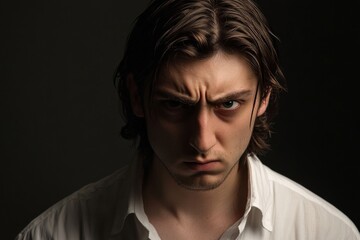 Fototapeta premium The studio portrait features a strong and handsome young guy with a muscular build and long hair, posed against a dark and isolated backdrop