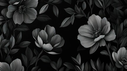 Monochrome floral illustration with dramatic black background and detailed petals.