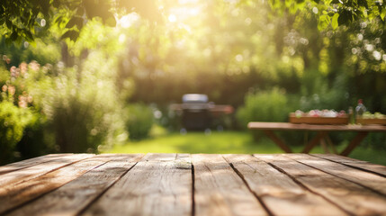 Naklejka premium A cozy backyard garden set for a summertime BBQ party, with a wooden table and grill against a softly blurred background