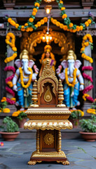 Fototapeta premium Diwali product display podium background, Temple of Prosperity, wooden, gold leaf detailing, traditional Indian temple courtyard, Goddess Lakshmi and Lord Ganesha, marigold garlands, lotus flowers
