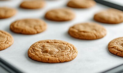 Close up view of freshly baked cookies on a sheet, cooling after coming out of the oven.