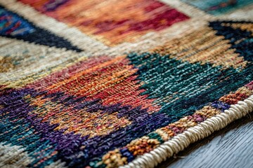 A vibrant, close-up shot reveals the texture and intricate details of a multicolored woven rug.