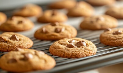Warm, golden chocolate chip cookies cool on a wire rack after coming out of the oven.