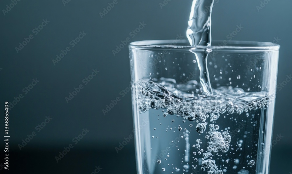 Poster Water gracefully streams into a clear glass, creating mesmerizing bubbles in a refreshing close-up.