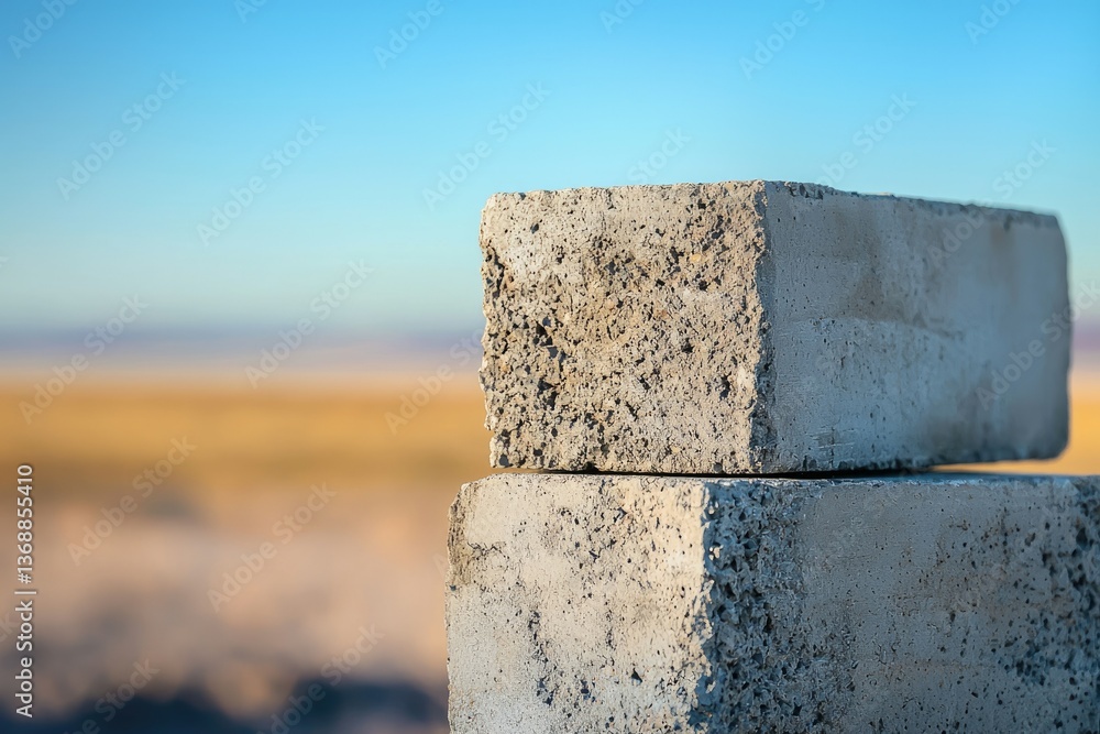Poster two concrete blocks stacked against a blurred background of earth and sky, showing rough texture and