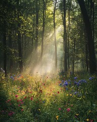 Fototapeta premium Sunlit forest meadow with vibrant wildflowers and tall trees