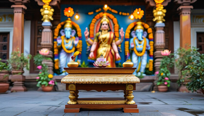 Fototapeta premium Diwali product display podium background, Temple of Prosperity, wooden, gold leaf detailing, traditional Indian temple courtyard, Goddess Lakshmi and Lord Ganesha, marigold garlands, lotus flowers