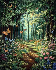 Sunlit forest path with lush greenery, wildflowers, and butterflies