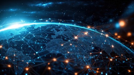 Obraz premium Global Network Connection Futuristic Earth with Bright Nodes and Lines