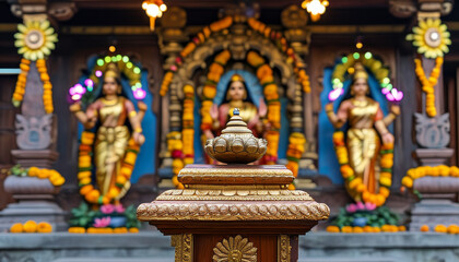 Fototapeta premium Diwali product display podium background, Temple of Prosperity, wooden, gold leaf detailing, traditional Indian temple courtyard, Goddess Lakshmi and Lord Ganesha, marigold garlands, lotus flowers