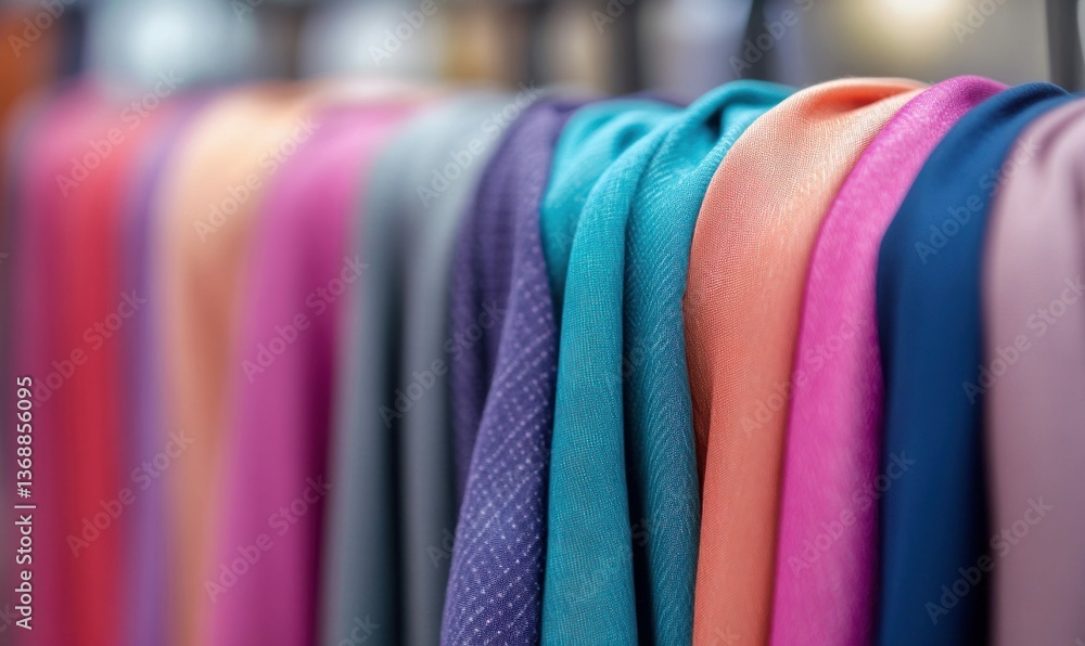 Poster a colorful array of soft shawls in vibrant hues elegantly displayed on a retail rack.