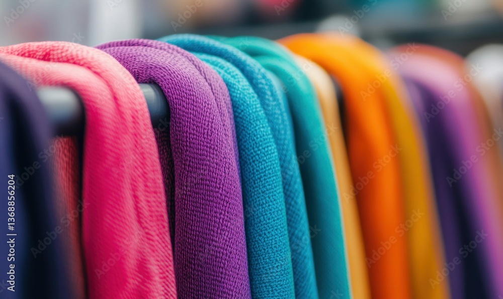 Poster a vibrant array of colorful fabric scarves elegantly displayed on a rack, inviting touch and admirat