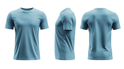 Png of Front, side, and back views of a light blue men’s t-shirt, showcasing modern design and soft fabric texture on transparent background.