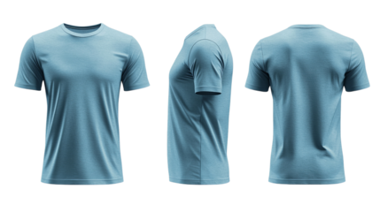 Png of Front, side, and back views of a light blue men’s t-shirt, showcasing modern design and soft fabric texture on transparent background.
