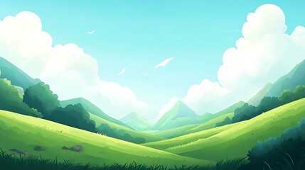 Obraz premium A calm countryside view with green rolling hills and a road gently curving through the fields.