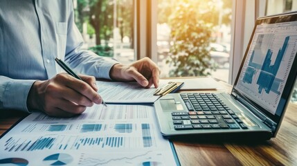 Businessman Analyzing Financial Data with Laptop and Documents in a Modern Office Setting