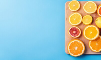 A colorful mix of fresh citrus fruit slices are arranged on a wooden board against a vibrant blue backdrop.