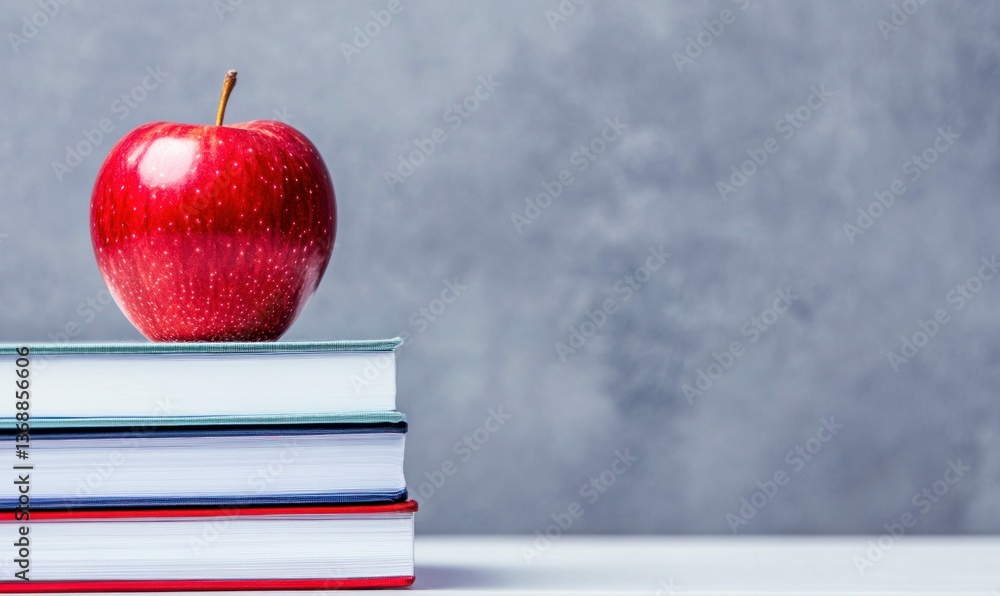 Poster a bright red apple sits balanced on a neat stack of colorful books, suggesting knowledge.