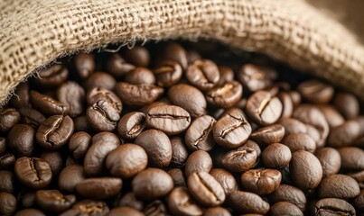 Fototapeta premium Aromatic coffee beans spill from a burlap sack in this enticing close-up shot.