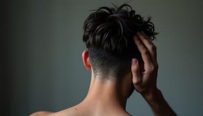 Fototapeta premium A man holding his head from behind in a dark, introspective mood.