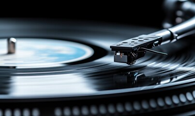 A classic vinyl record player is shown in action, the stylus gracefully tracing the spinning disc.