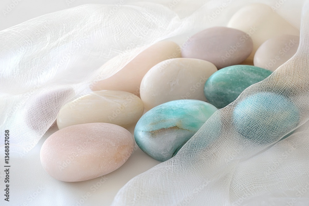 Poster pastel-colored smooth stones in calming hues are delicately draped with a sheer, white fabric, creat