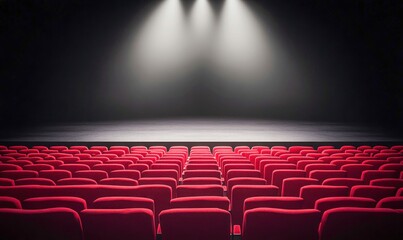Obraz premium Rows of plush red seats face a brightly lit stage in anticipation of the start of the show.