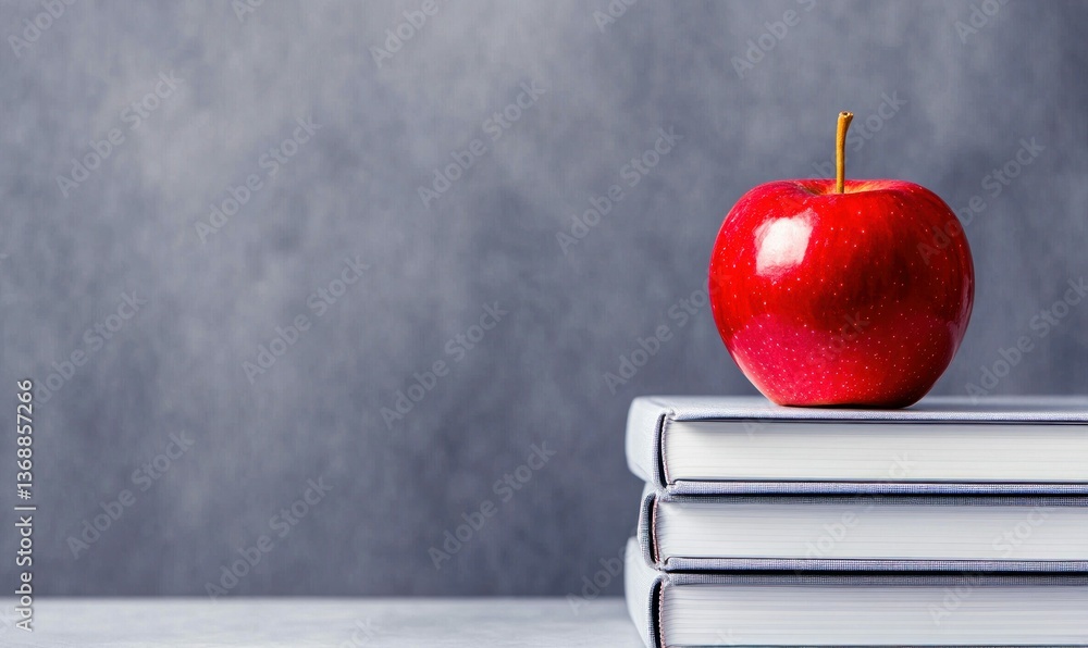 Poster a shiny red apple resting on a stack of books evokes thoughts of learning and education.
