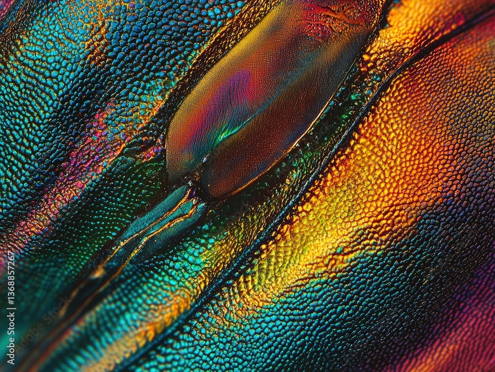Aufkleber iridescent insect wing close-up displaying a spectrum of vibrant colors and intricate textures, high