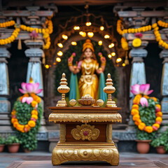 Fototapeta premium Diwali product display podium background, Temple of Prosperity, wooden, gold leaf detailing, traditional Indian temple courtyard, Goddess Lakshmi and Lord Ganesha, marigold garlands, lotus flowers